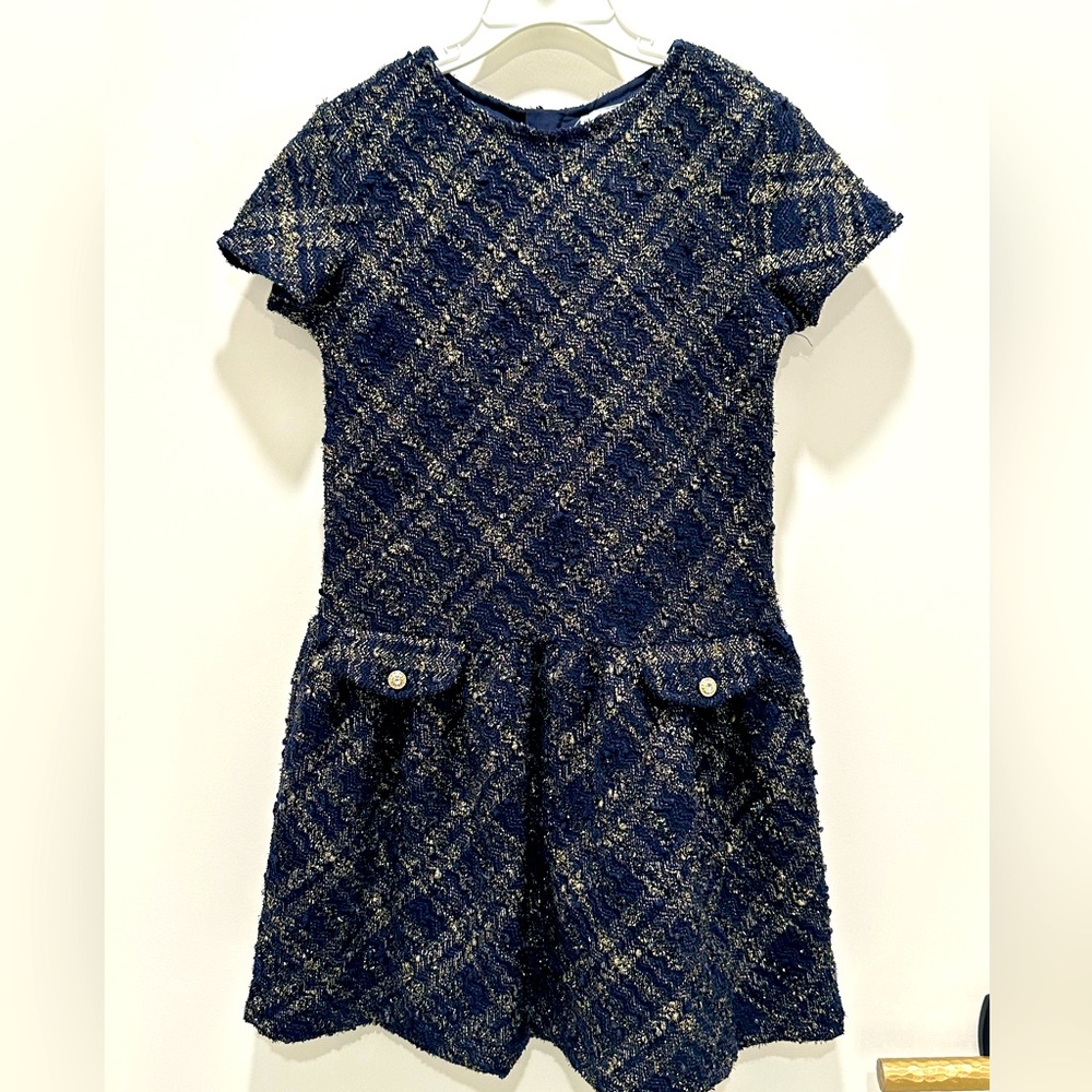 Mayoral Tweed Navy and Gold Dress Size 8. Fully lined.   Back zip closure. NWT